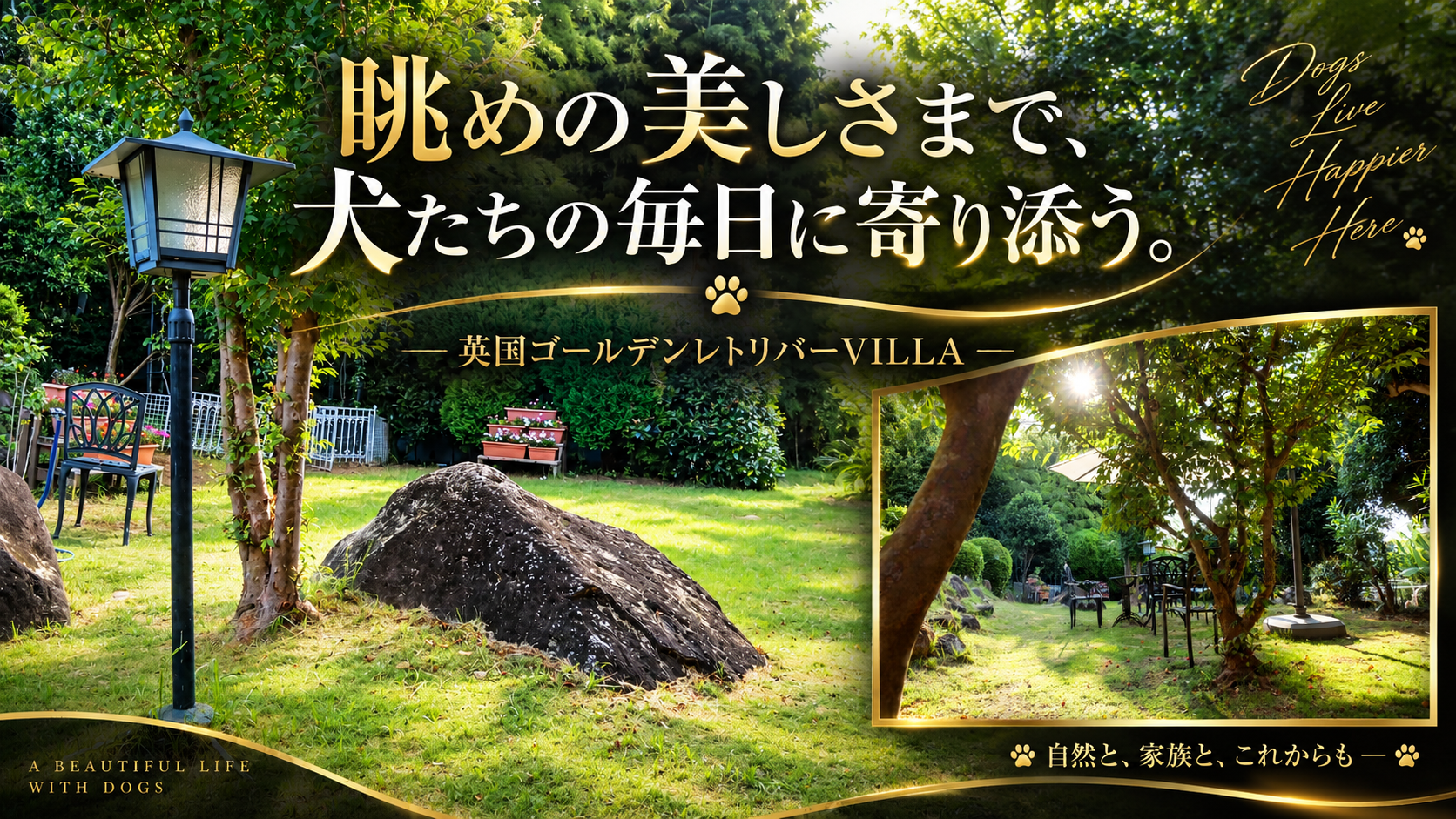 庭園灯と庭石のある芝生の庭園。右下に敷地のテーブル席の差し込み写真。「眺めの美しさまで、犬たちの毎日に寄り添う。」の文字入り