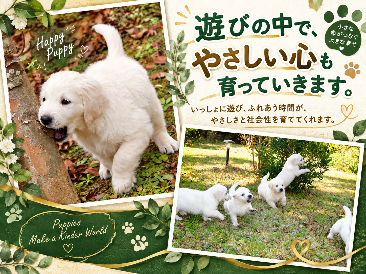 敷地で遊ぶ英国系ゴールデンレトリーバーの子犬と、子犬たちが過ごす環境。「遊びの中で、やさしい心も育っていきます。」の文字入り