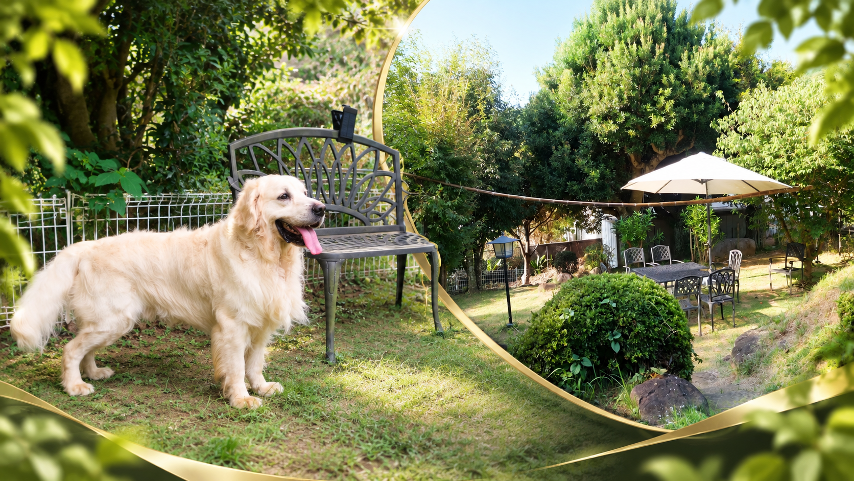 庭木に囲まれた芝生に立つ英国系ゴールデンレトリーバーの成犬。奥はパラソルとガーデンテーブルの休憩スペース