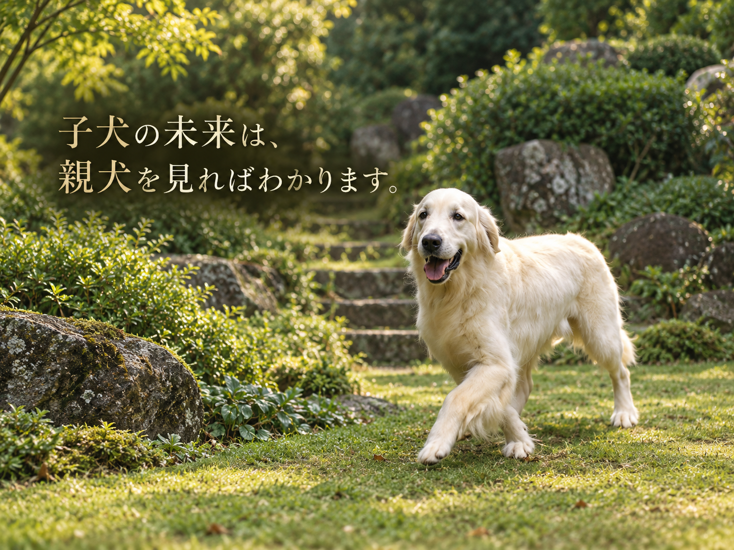 庭園の中を歩く英国系ゴールデンレトリーバーの親犬。「子犬の未来は、親犬を見ればわかります。」の文字入り