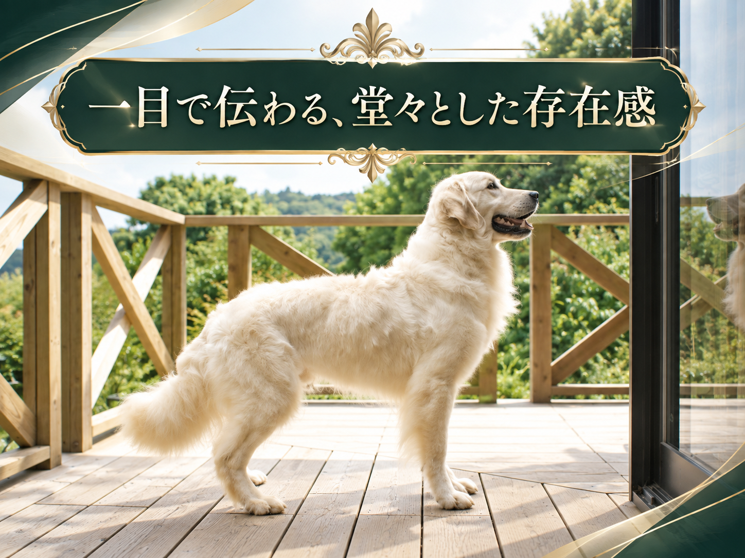 庭園の芝生を横切って歩く英国系ゴールデンレトリーバーの成犬。「一目で伝わる、堂々とした存在感」の文字入り